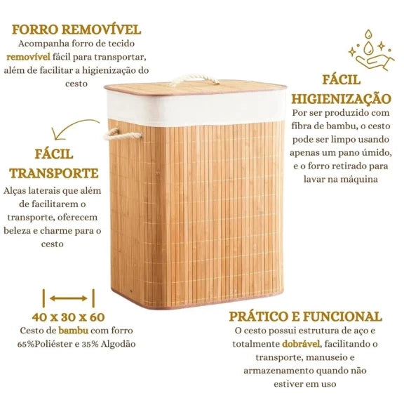 Cesto de Roupa de Bambu com Tampa e Forro