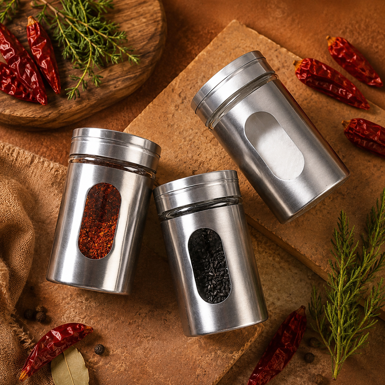Porta Temperos em Inox com Tampa Giratória