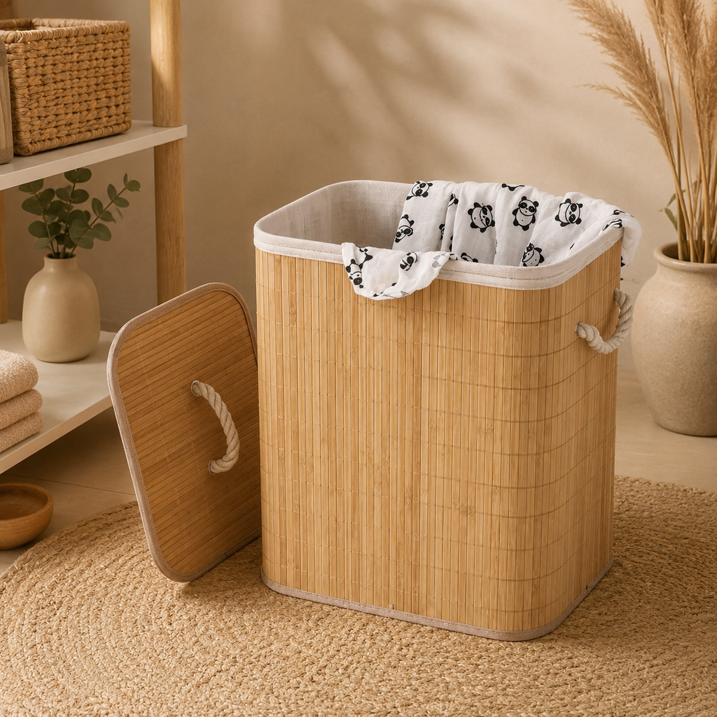 Cesto de Roupa de Bambu com Tampa e Forro