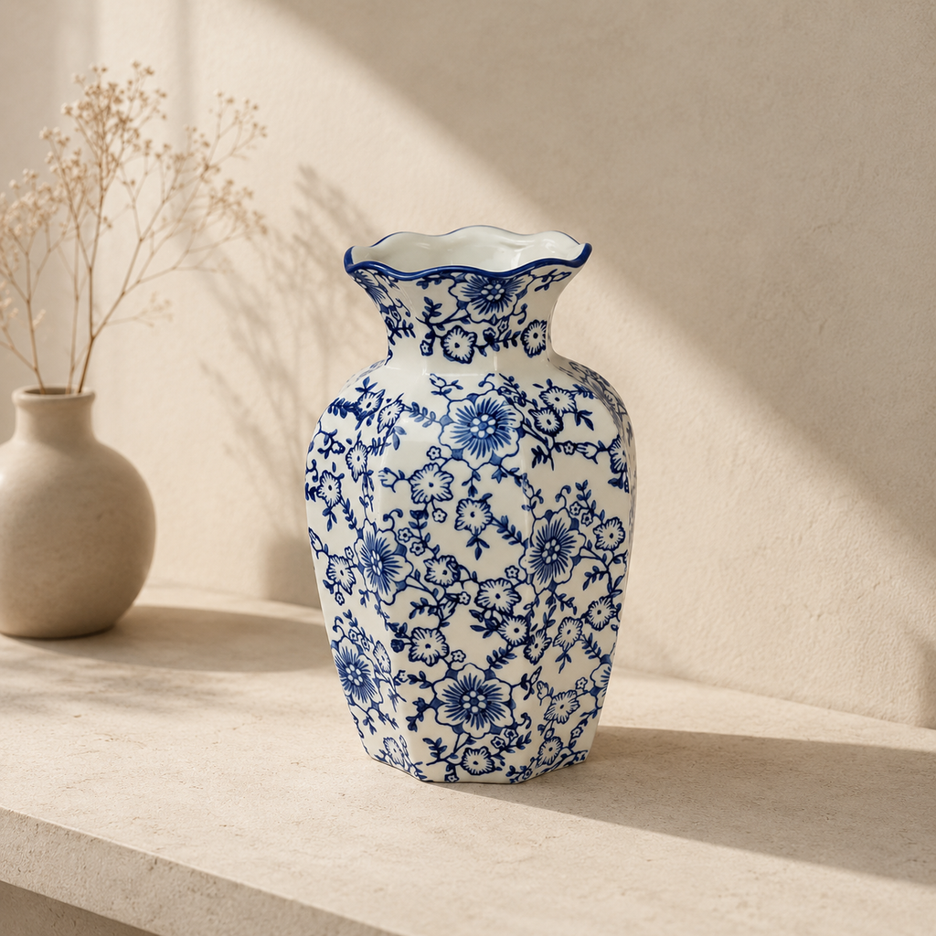 Vaso Porcelana Decorativo Imperial Azul e Branco