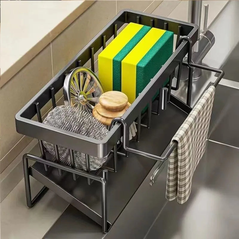 Suporte de esponja de cozinha, rack de drenagem, organizador de pia para armazenamento de pano de prato com gancho de suspensão