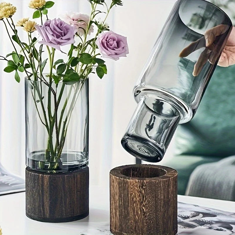 Vaso de vidro elegante com base de madeira para plantas hidropônicas, arranjo floral de mesa moderno, decoração de casa