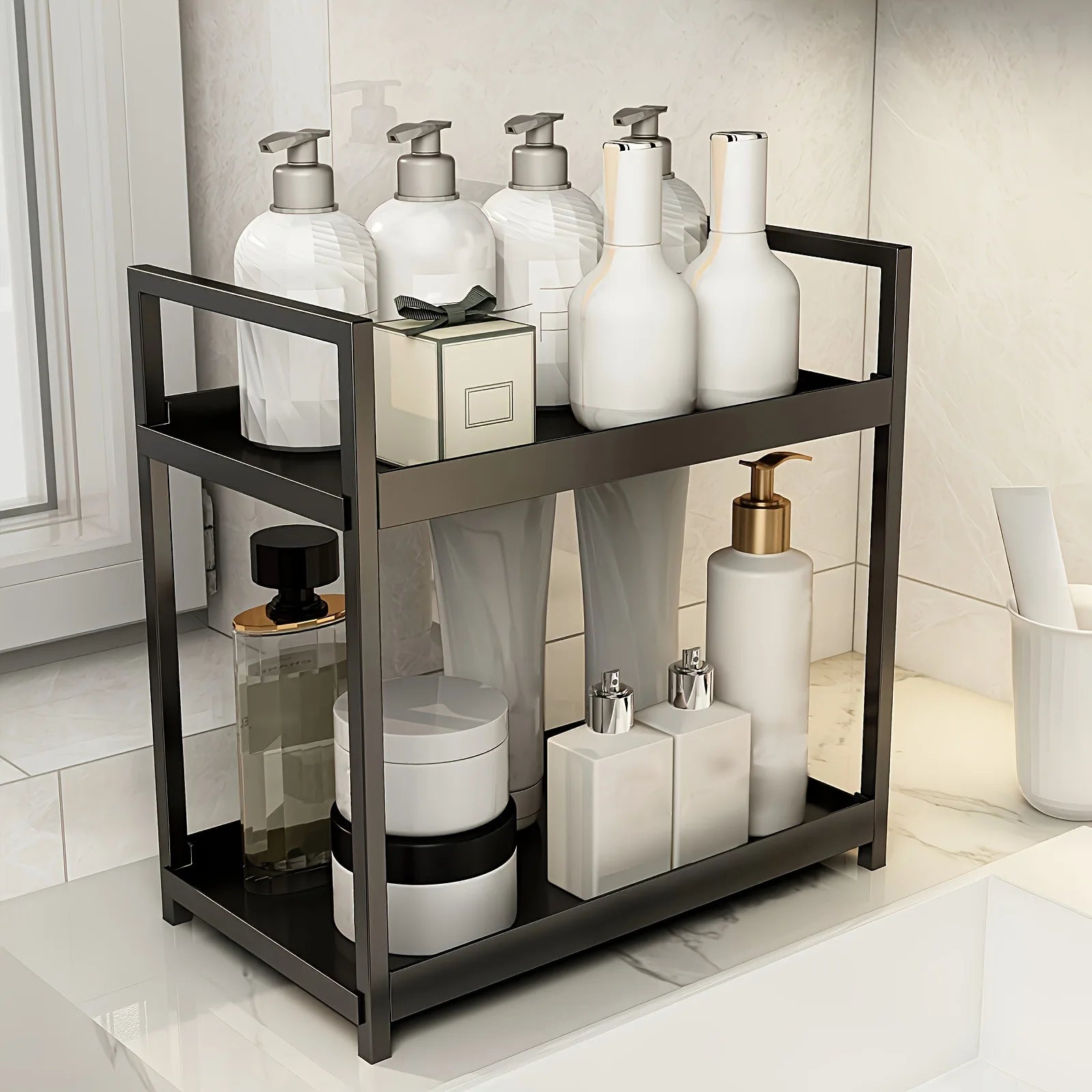 Mesa de Maquiagem com Design de Duas Camadas, Prateleira de Armazenamento para Banheiro, Organizador de Cuidados com a Pele e Cosméticos, Prateleira de Bancada para Escritório em Casa