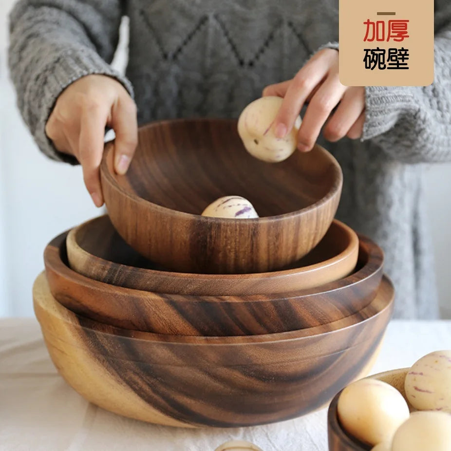 Tigela de madeira de acácia natural estilo japonês, tigela de sopa de arroz, recipiente de armazenamento de alimentos, salada, tigelas de frutas, utensílios de cozinha