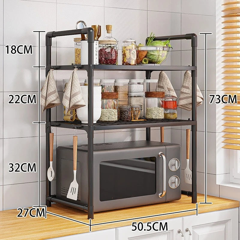 Rack de armazenamento de cozinha multiuso - Prateleira ajustável espessada para micro-ondas, forno, organizador de bancada com ganchos de ferramentas