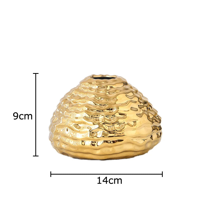 Vaso de cerâmica dourado com rugas, vasos de flores, decoração de mesa, arranjo de flores, vasos florais banhados a ouro, decoração estética de quarto