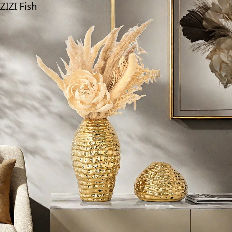 Vaso de cerâmica dourado com rugas, vasos de flores, decoração de mesa, arranjo de flores, vasos florais banhados a ouro, decoração estética de quarto