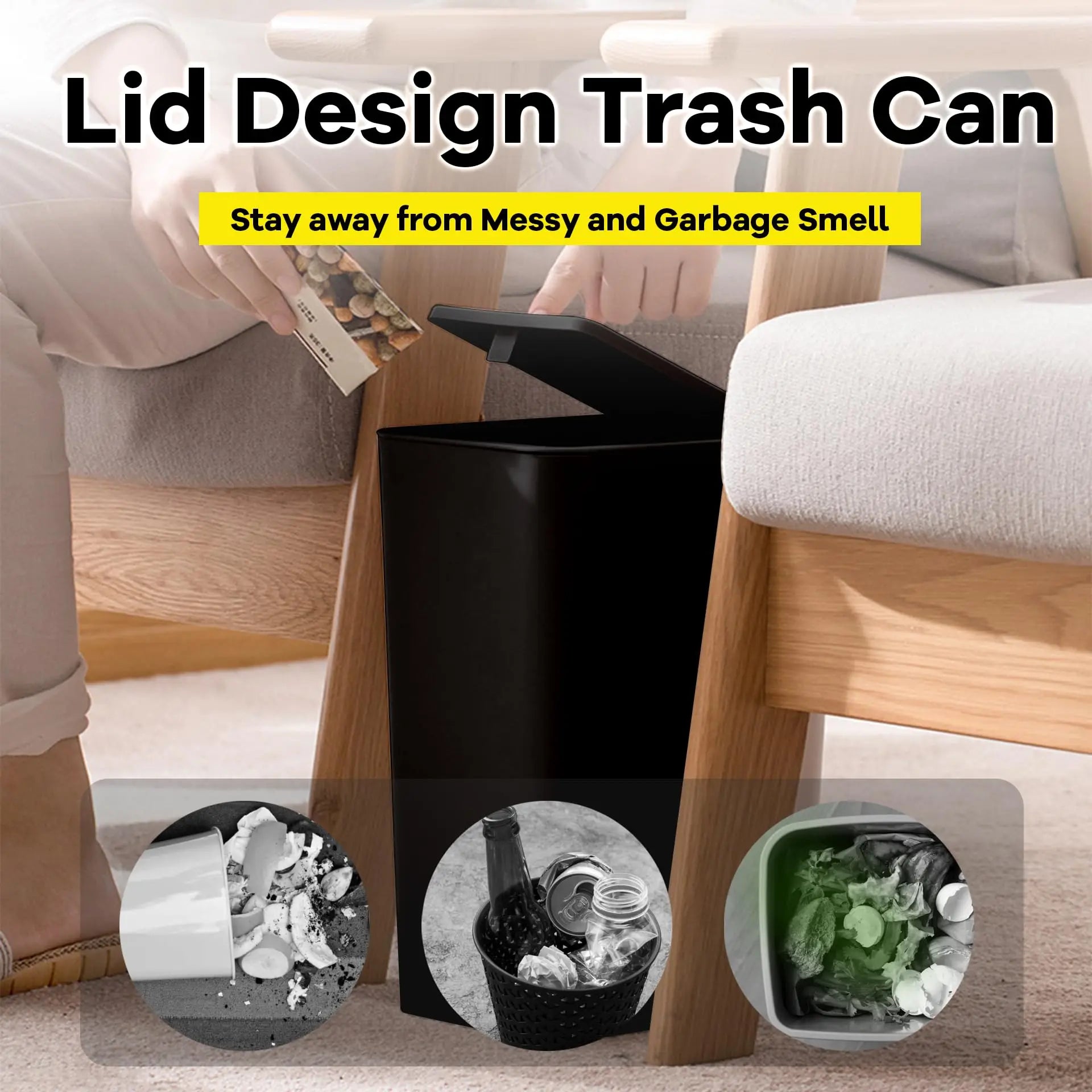 Lixeira de banheiro 10L lata de lixo pequena com tampa superior de imprensa para banheiro, quarto, sala de estar – cesto de lixo de plástico com tampa pop-up