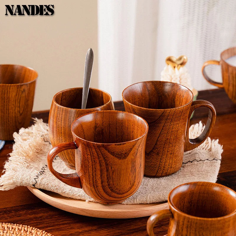 Copos retrô de madeira natural com barriga grande, estilo japonês, copo de água e leite, café, cerveja, chá, artesanal, natural, cozinha, bar, copos