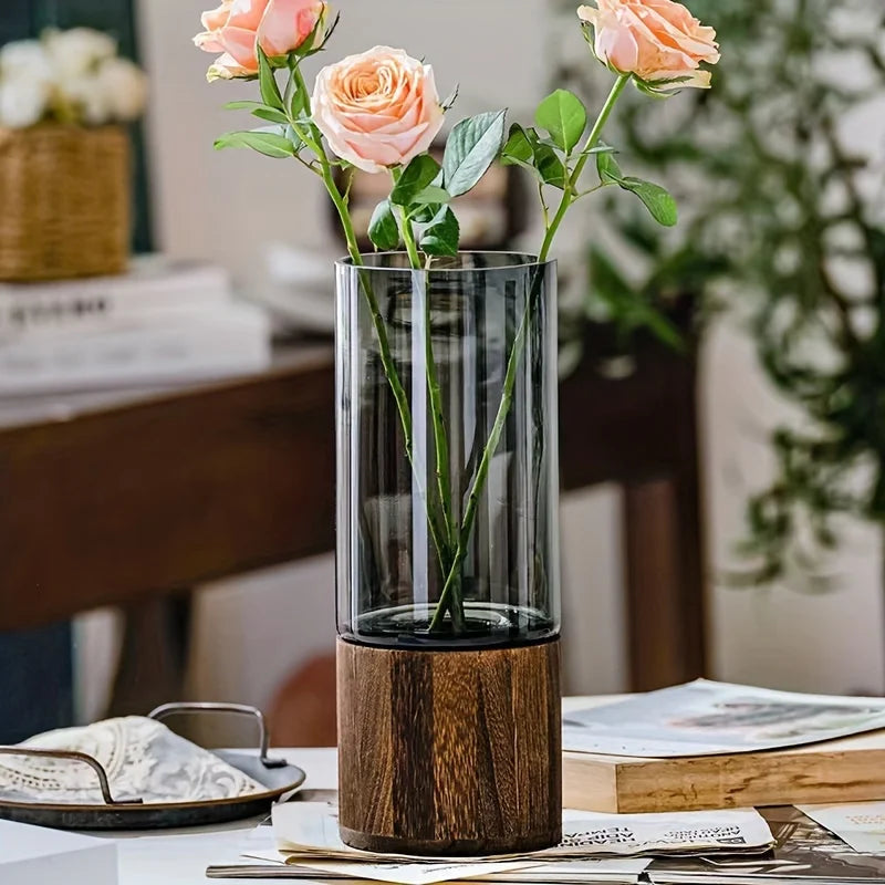 Vaso de vidro elegante com base de madeira para plantas hidropônicas, arranjo floral de mesa moderno, decoração de casa