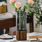 Vaso de vidro elegante com base de madeira para plantas hidropônicas, arranjo floral de mesa moderno, decoração de casa