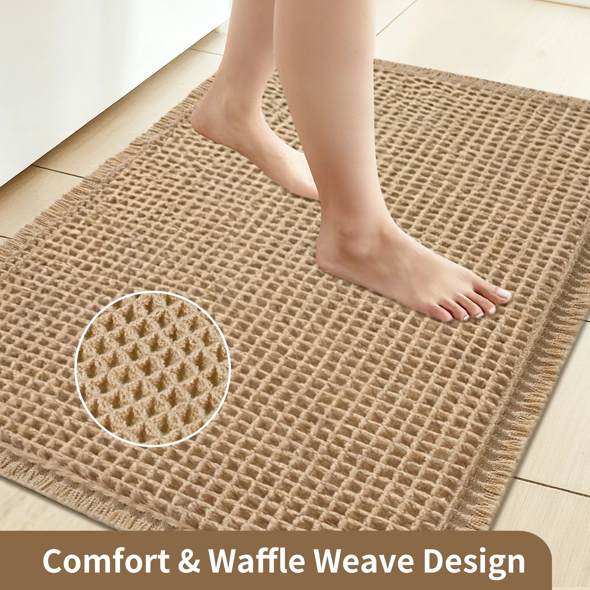 Tapete de banho waffle com borlas, super absorvente, antiderrapante, ultra macio, lavável à máquina, para casa, banheiro, chão ao lado da banheira, chuveiro