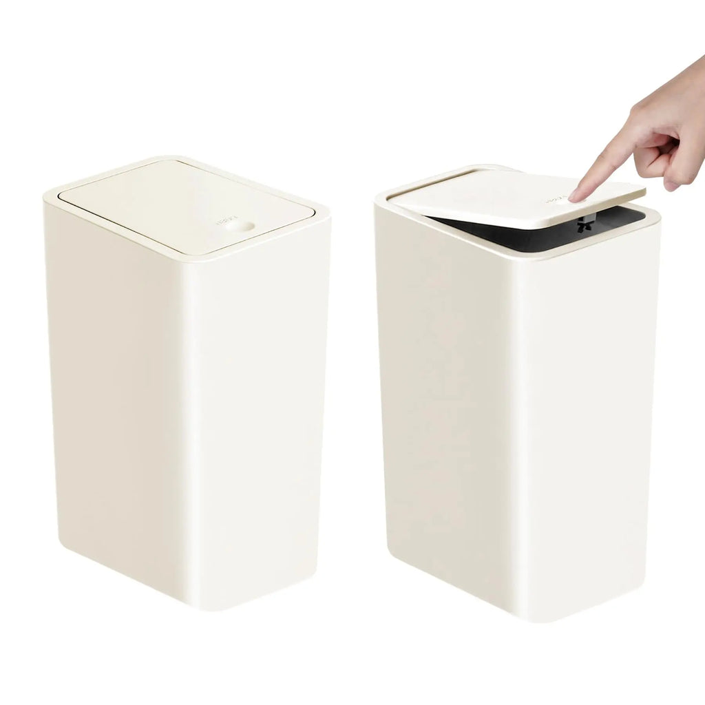Lixeira de banheiro 10L lata de lixo pequena com tampa superior de imprensa para banheiro, quarto, sala de estar – cesto de lixo de plástico com tampa pop-up