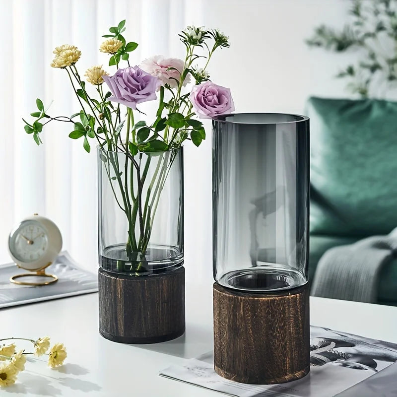 Vaso de vidro elegante com base de madeira para plantas hidropônicas, arranjo floral de mesa moderno, decoração de casa