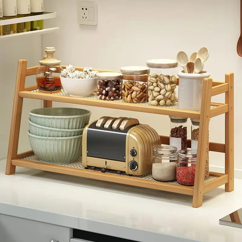 Prateleira de bambu para armazenamento de temperos, 2 camadas, rack de armazenamento de cozinha, organizador de armário de mesa, rack de exibição, barra de café, balcão, suporte de copo