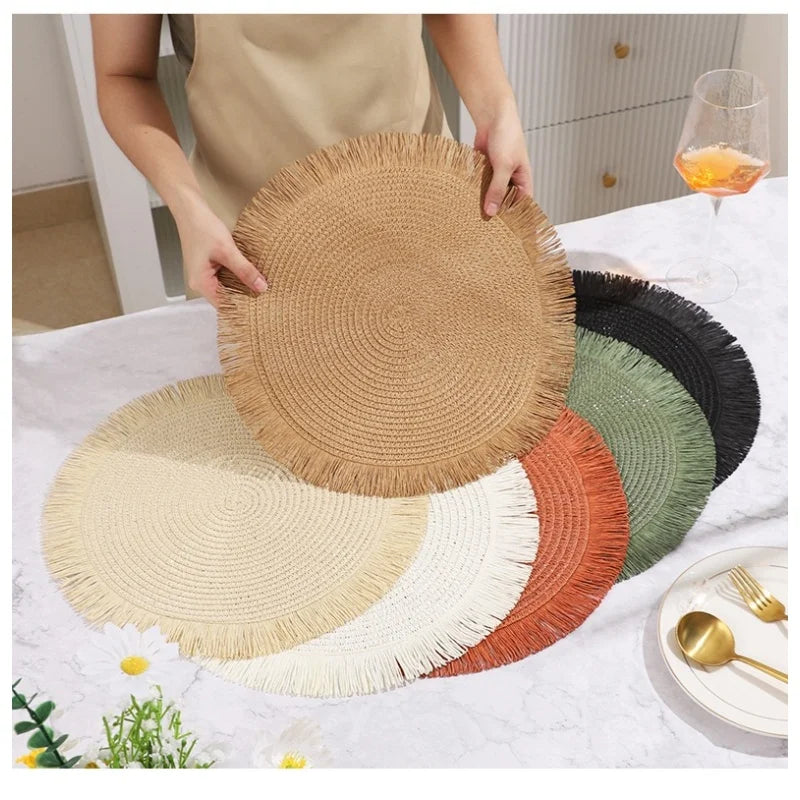 Sousplats Trançados com Franjas para Cozinha e Sala de Jantar, Resistentes ao Calor, Estilo Minimalista com Base Antiderrapante