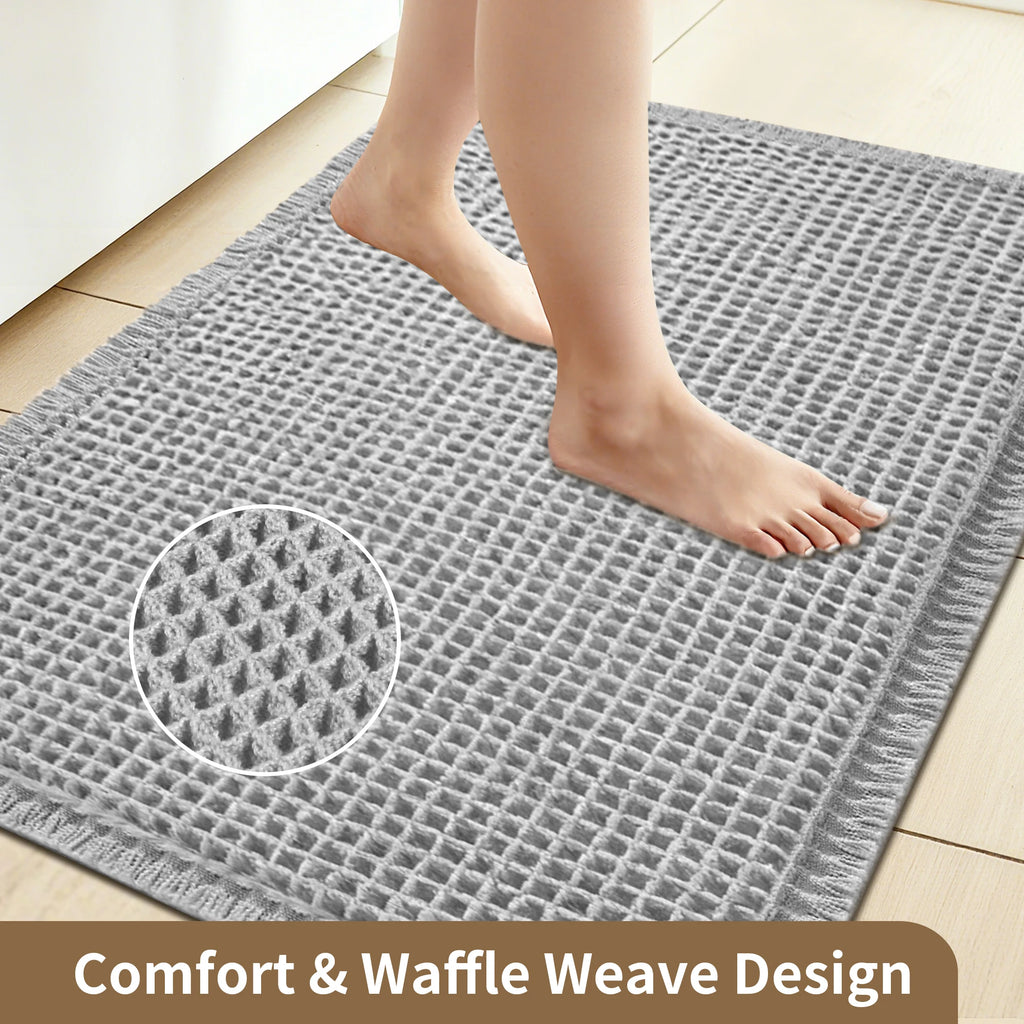 Tapete de banho waffle com borlas, super absorvente, antiderrapante, ultra macio, lavável à máquina, para casa, banheiro, chão ao lado da banheira, chuveiro