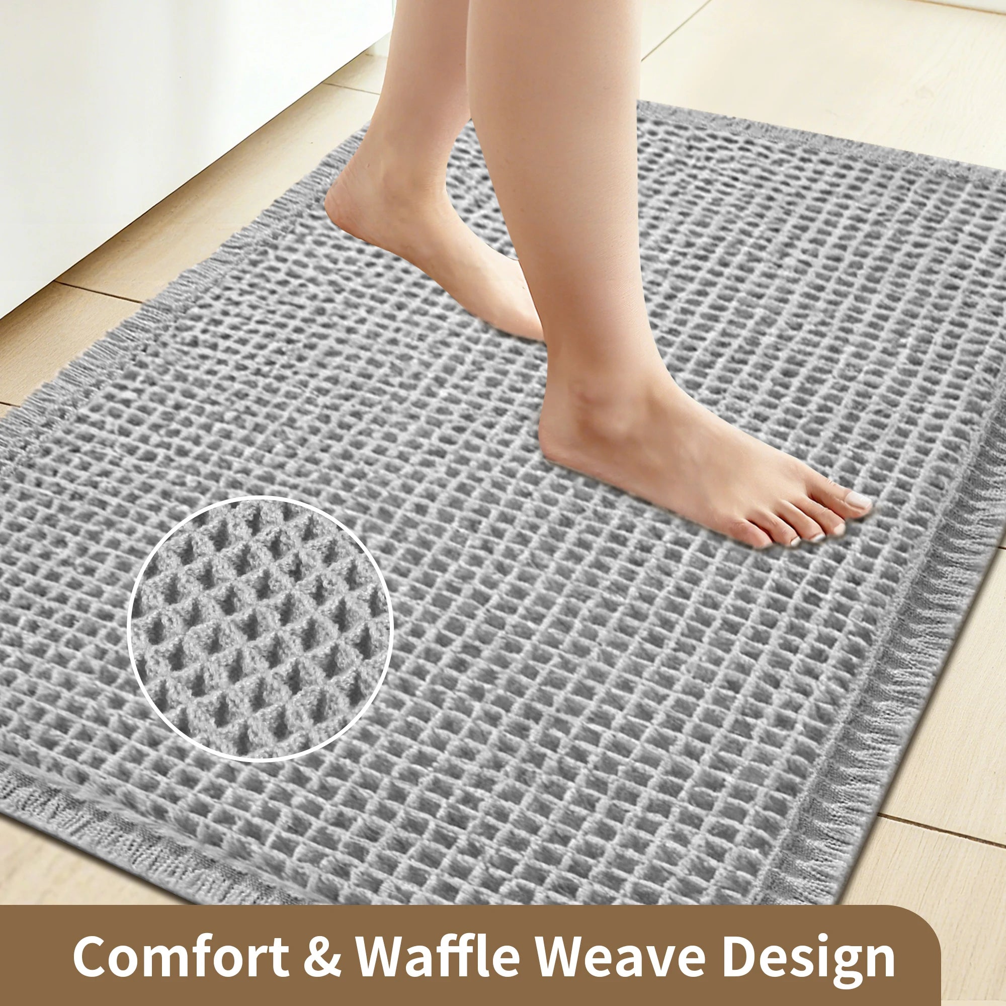 Tapete de banho waffle com borlas, super absorvente, antiderrapante, ultra macio, lavável à máquina, para casa, banheiro, chão ao lado da banheira, chuveiro