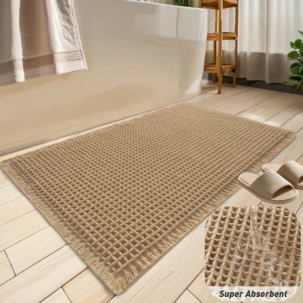 Tapete de banho waffle com borlas, super absorvente, antiderrapante, ultra macio, lavável à máquina, para casa, banheiro, chão ao lado da banheira, chuveiro