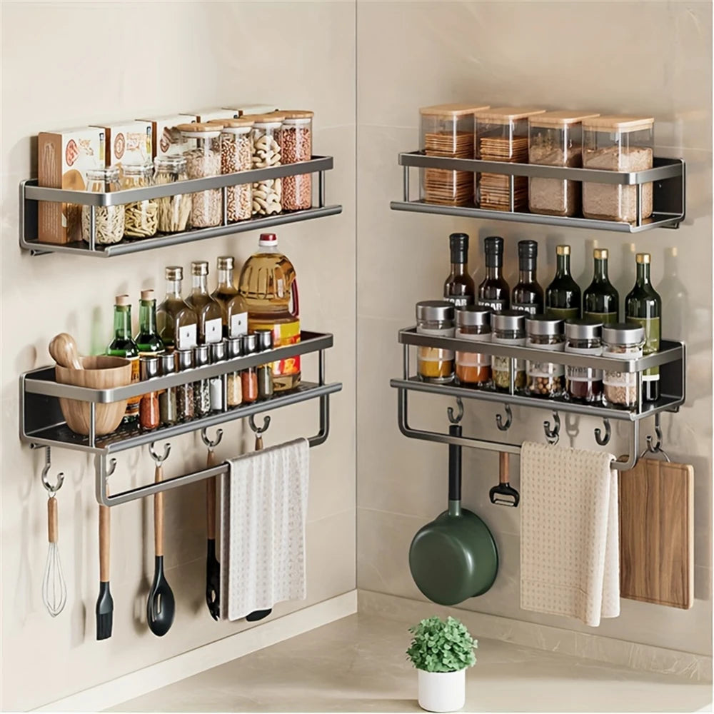 Rack de armazenamento multifuncional com haste, prateleira de temperos, parede, itens de cozinha, 1
