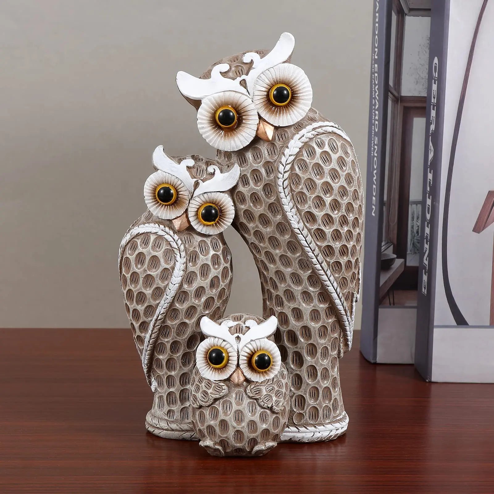 Família linda de três estátuas de coruja, decoração de casa, estátuas de coruja em prateleiras, decoração de coruja para amantes de coruja