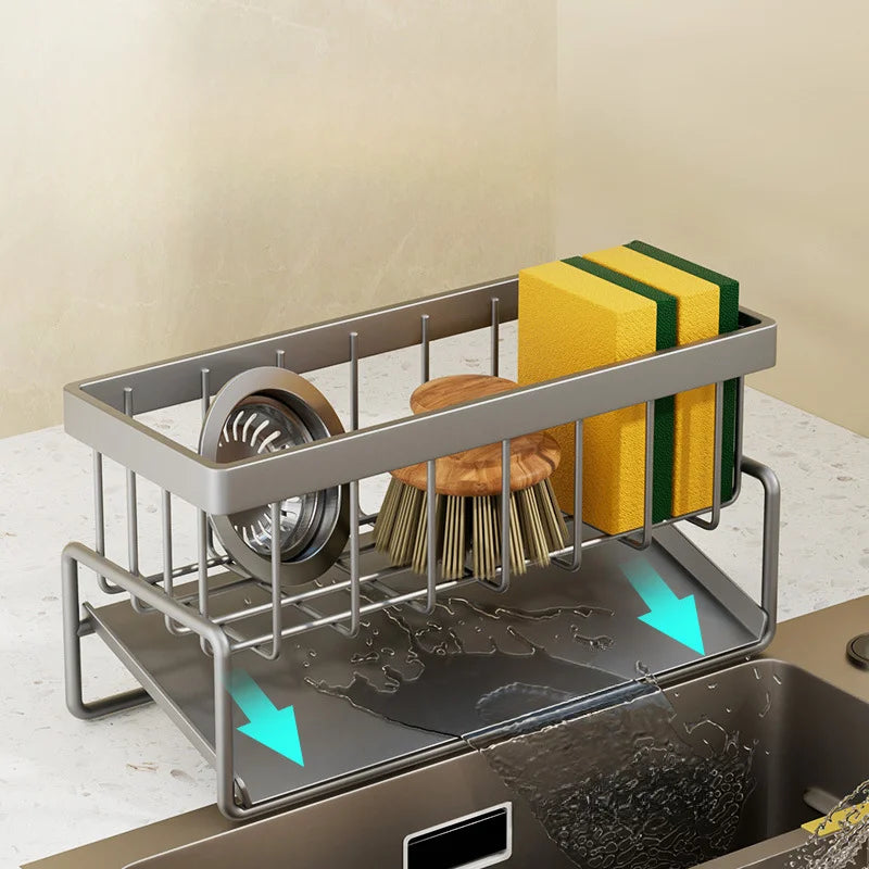 Pia da cozinha dreno rack organizador de aço inoxidável auto drenagem pia prateleira sabão esponja titular pano prato toalheiro cesta filtro