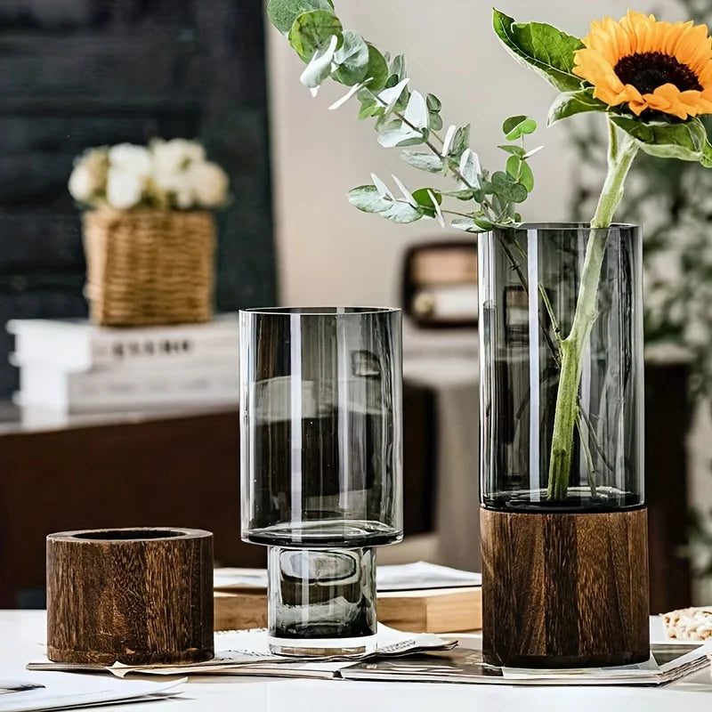 Vaso de vidro elegante com base de madeira para plantas hidropônicas, arranjo floral de mesa moderno, decoração de casa