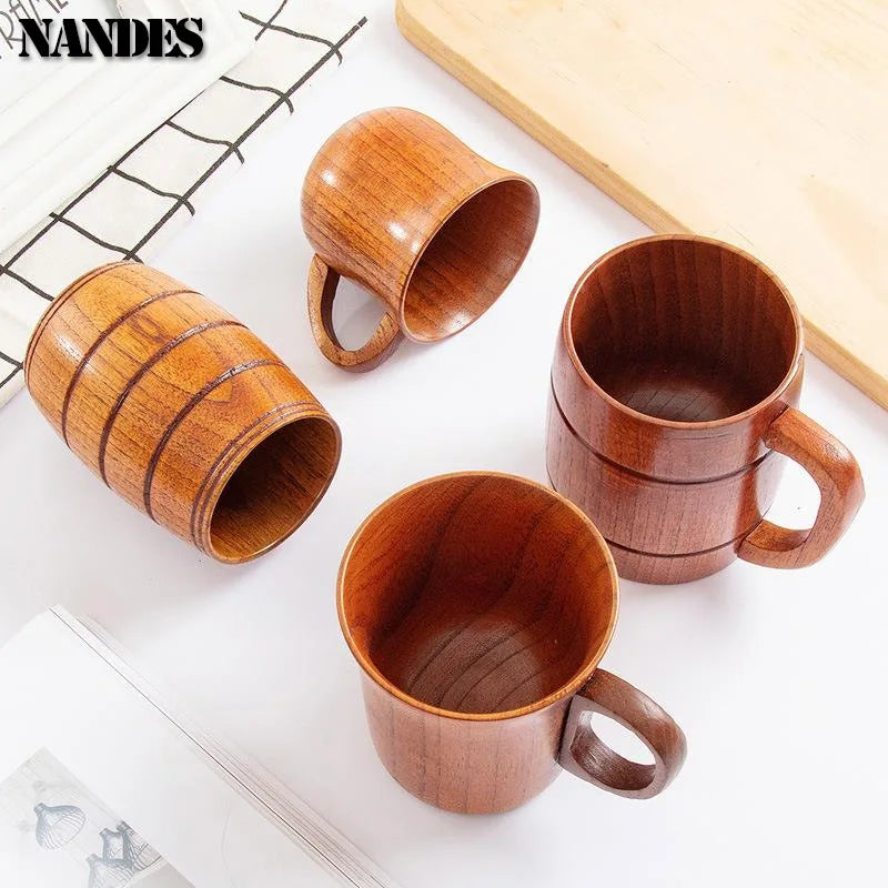 Copos retrô de madeira natural com barriga grande, estilo japonês, copo de água e leite, café, cerveja, chá, artesanal, natural, cozinha, bar, copos