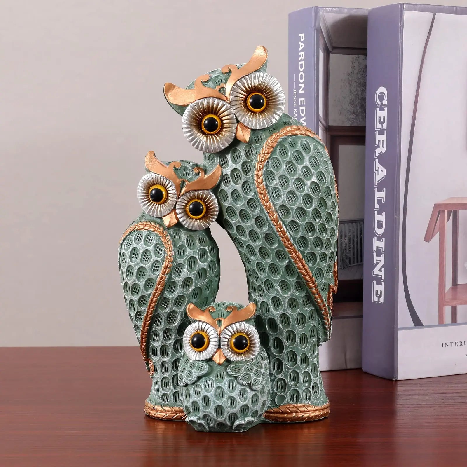 Família linda de três estátuas de coruja, decoração de casa, estátuas de coruja em prateleiras, decoração de coruja para amantes de coruja