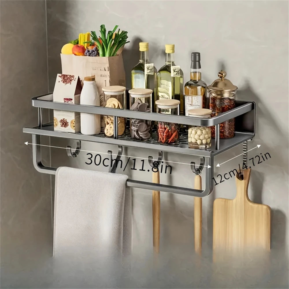 Rack de armazenamento multifuncional com haste, prateleira de temperos, parede, itens de cozinha, 1