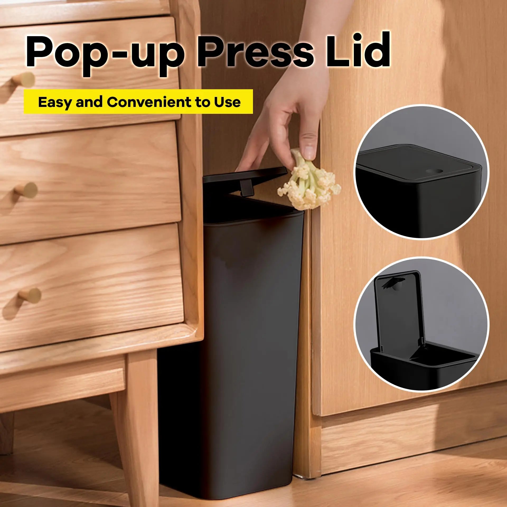 Lixeira de banheiro 10L lata de lixo pequena com tampa superior de imprensa para banheiro, quarto, sala de estar – cesto de lixo de plástico com tampa pop-up