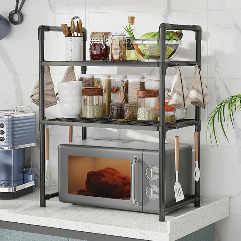Rack de armazenamento de cozinha multiuso - Prateleira ajustável espessada para micro-ondas, forno, organizador de bancada com ganchos de ferramentas
