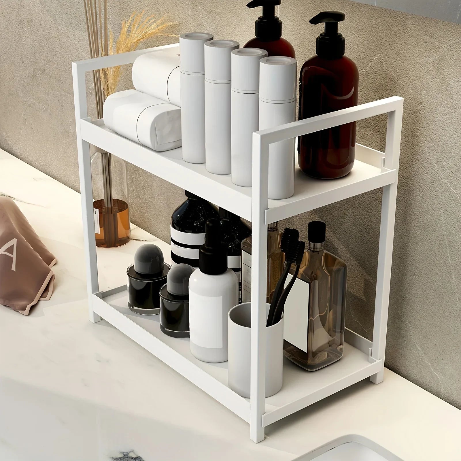 Mesa de Maquiagem com Design de Duas Camadas, Prateleira de Armazenamento para Banheiro, Organizador de Cuidados com a Pele e Cosméticos, Prateleira de Bancada para Escritório em Casa