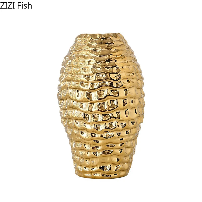 Vaso de cerâmica dourado com rugas, vasos de flores, decoração de mesa, arranjo de flores, vasos florais banhados a ouro, decoração estética de quarto