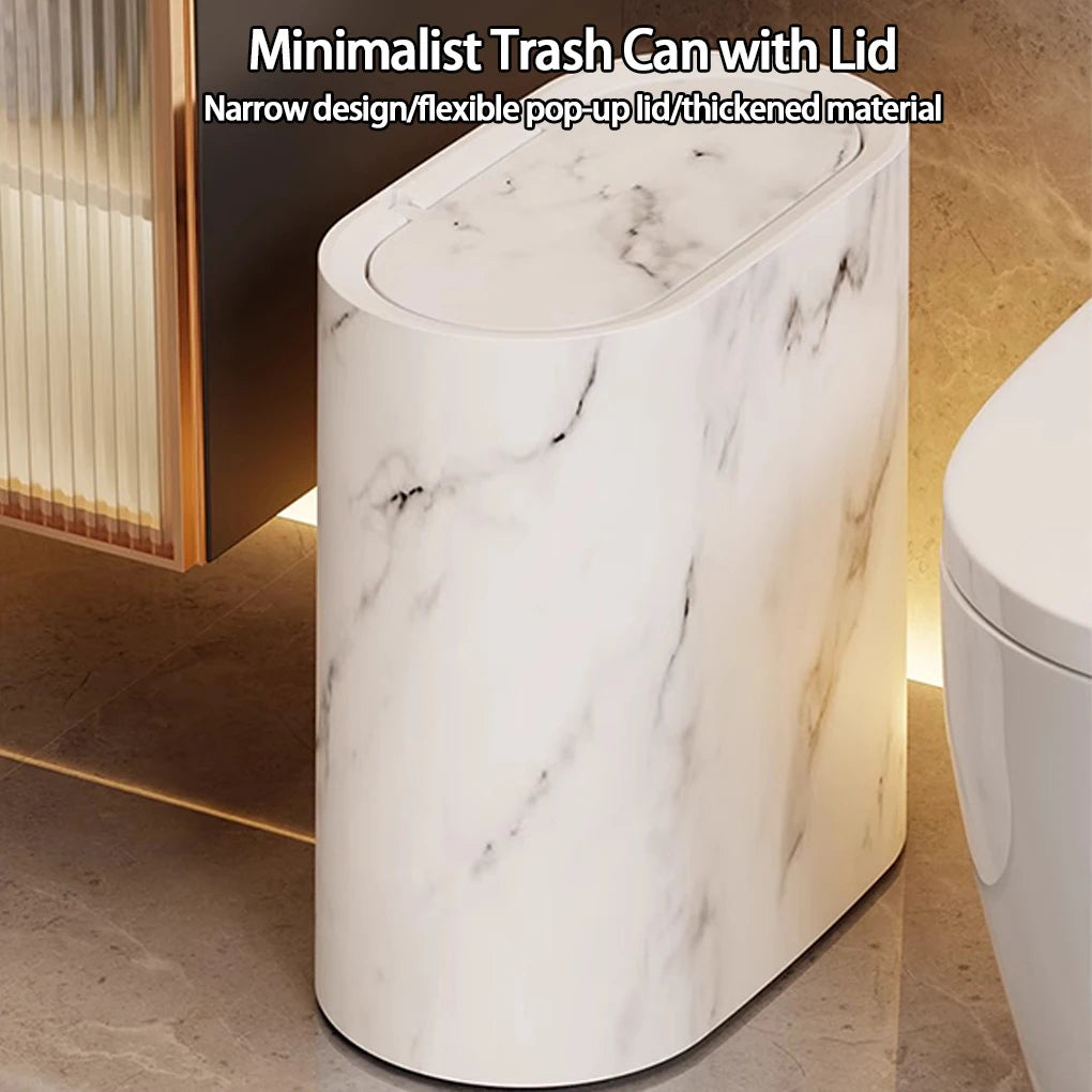 Lixeira Estreita Nórdica com Textura de Mármore e Tampa, à Prova de Odor, para Banheiro, Casa e Hotel