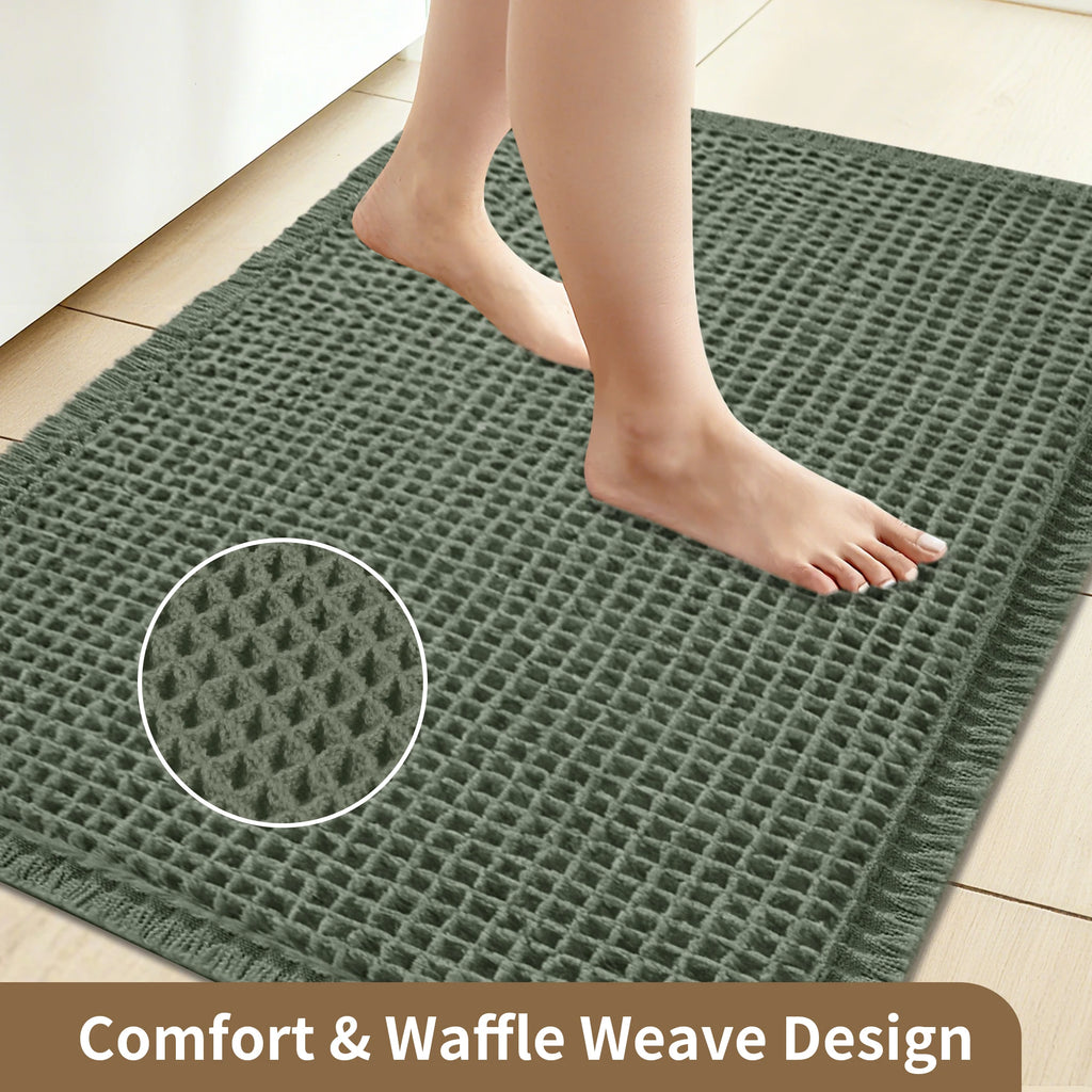 Tapete de banho waffle com borlas, super absorvente, antiderrapante, ultra macio, lavável à máquina, para casa, banheiro, chão ao lado da banheira, chuveiro