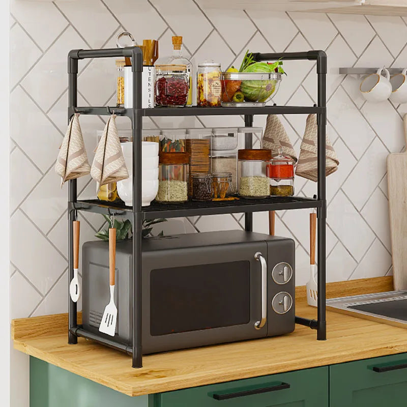 Rack de armazenamento de cozinha multiuso - Prateleira ajustável espessada para micro-ondas, forno, organizador de bancada com ganchos de ferramentas