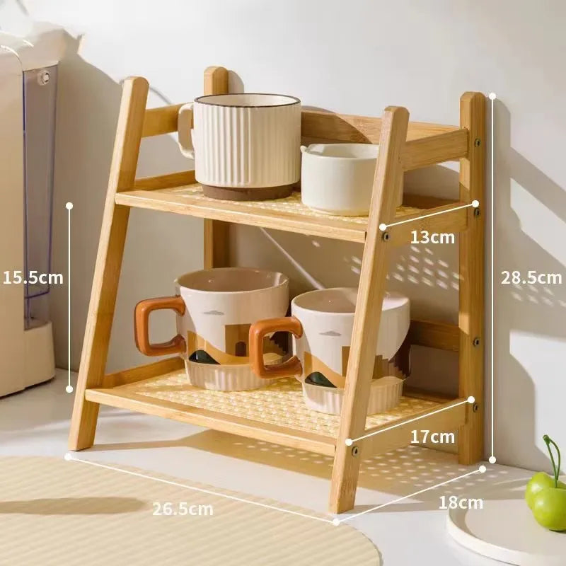Prateleira de bambu para armazenamento de temperos, 2 camadas, rack de armazenamento de cozinha, organizador de armário de mesa, rack de exibição, barra de café, balcão, suporte de copo