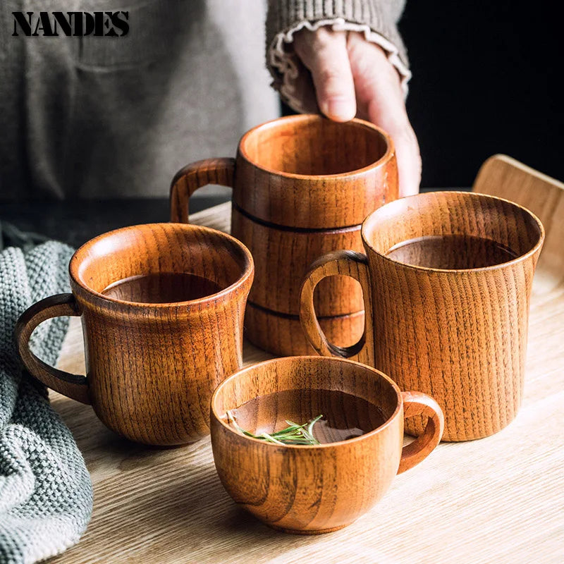Copos retrô de madeira natural com barriga grande, estilo japonês, copo de água e leite, café, cerveja, chá, artesanal, natural, cozinha, bar, copos