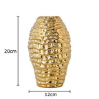 Vaso de cerâmica dourado com rugas, vasos de flores, decoração de mesa, arranjo de flores, vasos florais banhados a ouro, decoração estética de quarto