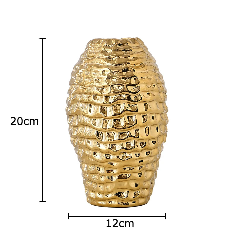 Vaso de cerâmica dourado com rugas, vasos de flores, decoração de mesa, arranjo de flores, vasos florais banhados a ouro, decoração estética de quarto