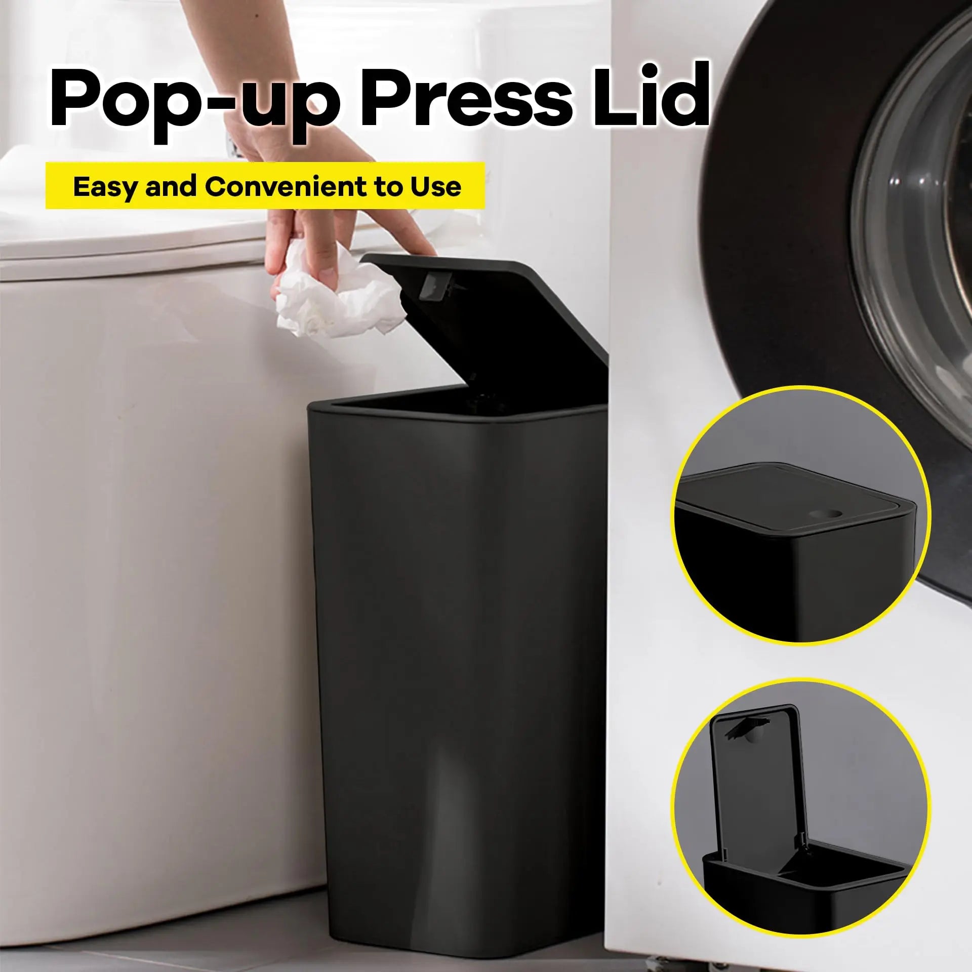 Lixeira de banheiro 10L lata de lixo pequena com tampa superior de imprensa para banheiro, quarto, sala de estar – cesto de lixo de plástico com tampa pop-up
