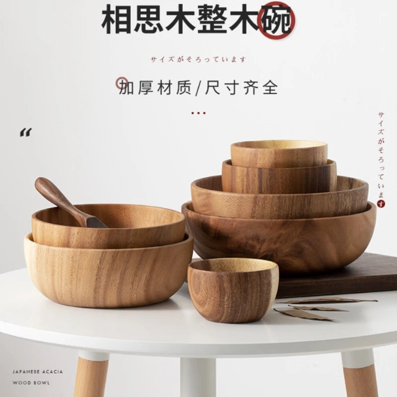 Tigela de madeira de acácia natural estilo japonês, tigela de sopa de arroz, recipiente de armazenamento de alimentos, salada, tigelas de frutas, utensílios de cozinha
