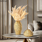 Vaso de cerâmica dourado com rugas, vasos de flores, decoração de mesa, arranjo de flores, vasos florais banhados a ouro, decoração estética de quarto