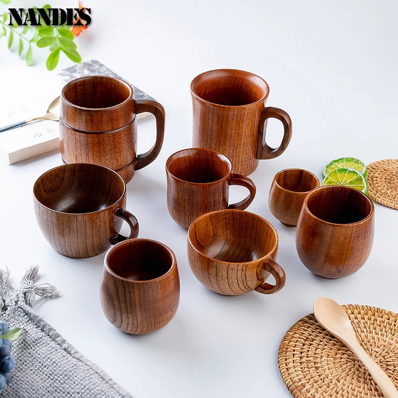 Copos retrô de madeira natural com barriga grande, estilo japonês, copo de água e leite, café, cerveja, chá, artesanal, natural, cozinha, bar, copos
