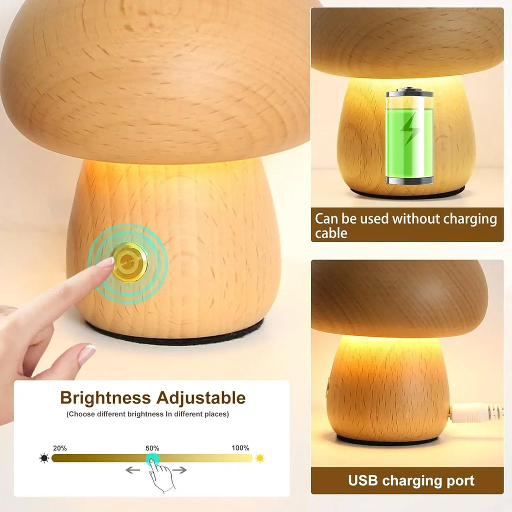 Cogumelo candeeiro de mesa recarregável toque portátil quarto cabeceira luz da noite bonito pequeno regulável lâmpada para decoração casa