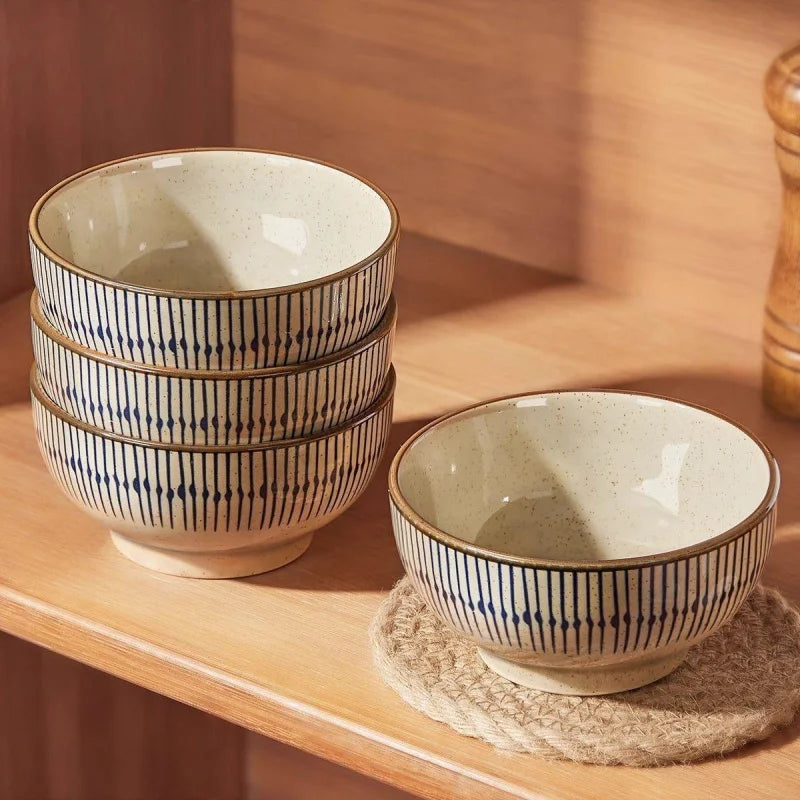 Conjunto de 2/4 Tigelas de Cerâmica Espessas de 4,5 Polegadas - Tigelas para Salada/Arroz/Sobremesa/Sopa/Macarrão, Design em Cores Subesmaltadas, Seguras para Micro-ondas
