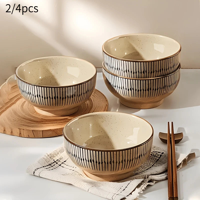 Conjunto de 2/4 Tigelas de Cerâmica Espessas de 4,5 Polegadas - Tigelas para Salada/Arroz/Sobremesa/Sopa/Macarrão, Design em Cores Subesmaltadas, Seguras para Micro-ondas