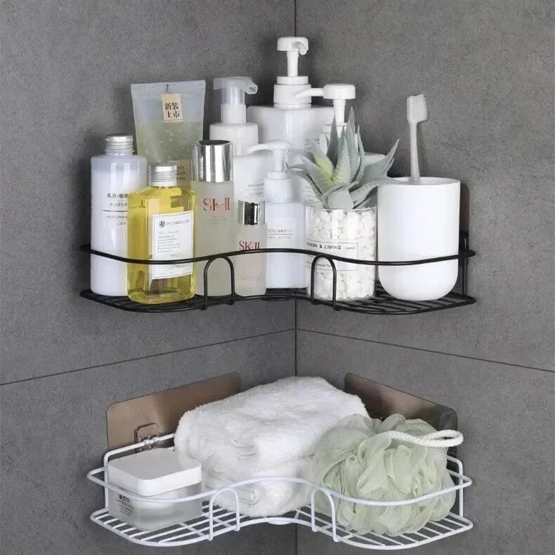 Montado na parede do banheiro prateleira de canto armazenamento ferro chuveiro dreno cesta cosméticos rack shampoo titular organizador do banheiro prateleiras parede