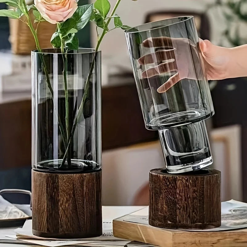 Vaso de vidro elegante com base de madeira para plantas hidropônicas, arranjo floral de mesa moderno, decoração de casa